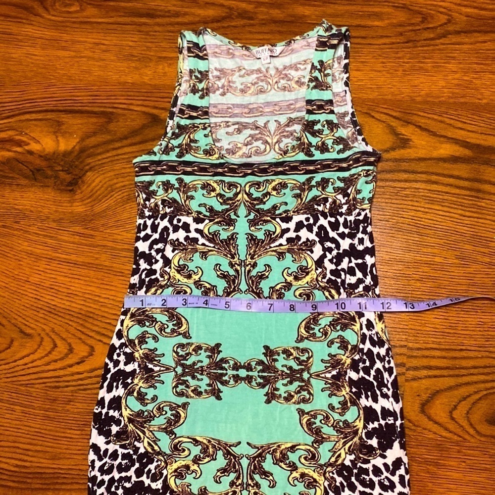 ๐ท Buffalo David Bitton ๐ท Y2K Sleeveless Green Gold Chain Geometric Pattern Dress - Picture 11 of 15